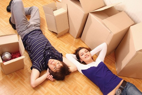 Office furniture and equipment being prepared for a Chiswick business move